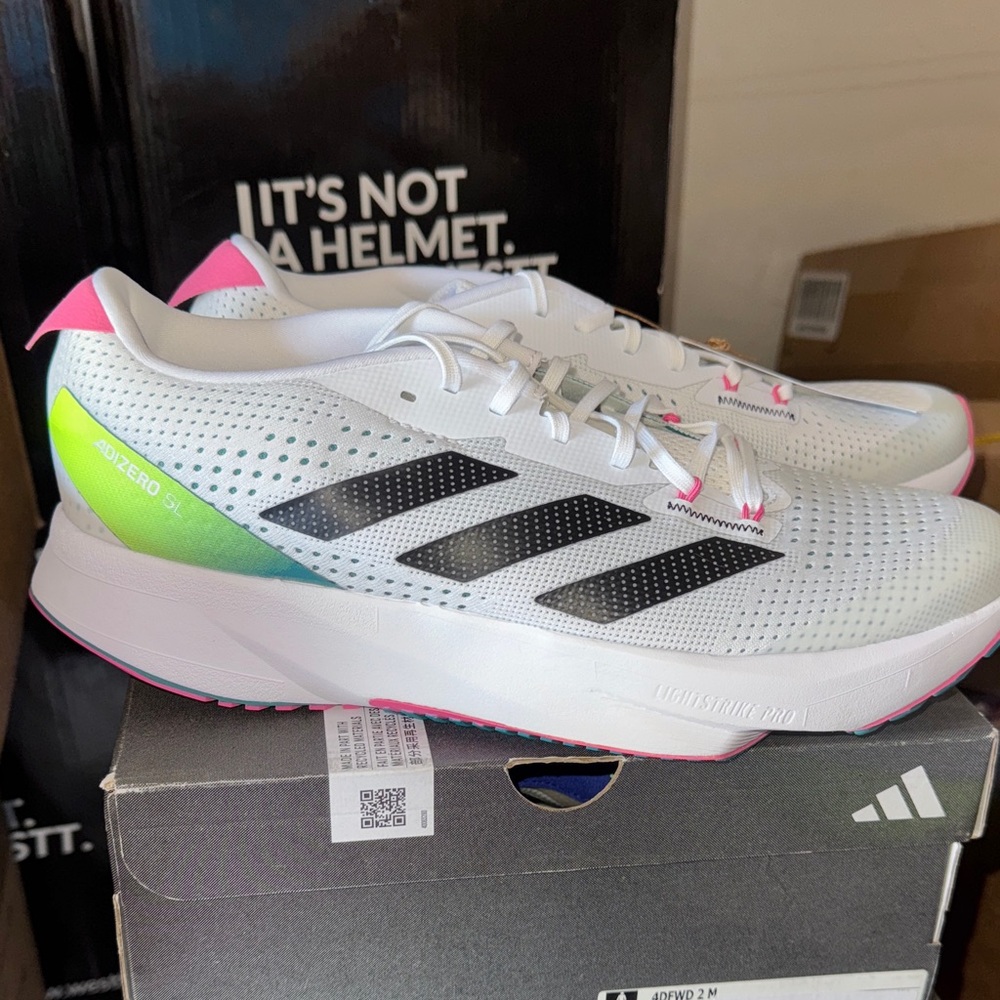 adidas Womens White Sneakers with Black Stripes and Neon Accents